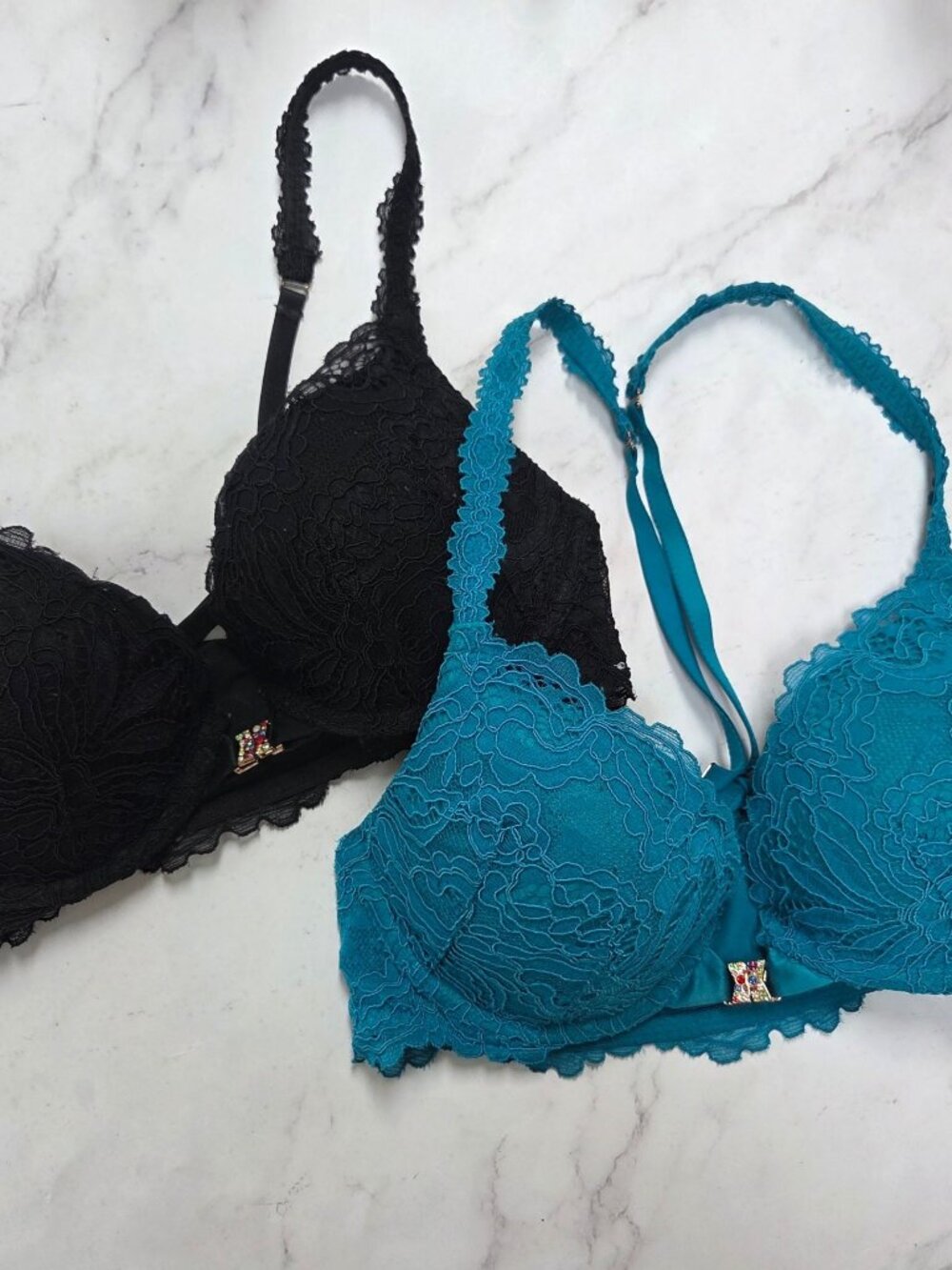 BUNDLE (2) Savage x Fenty Lace Bra Black Teal Front Closure Women's 32C